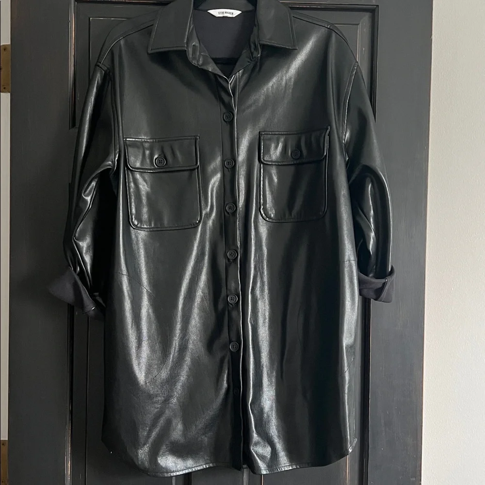 Steve Madden Black Faux Leather Shirt Jacket with Patch Pockets - Picture 1 of 5